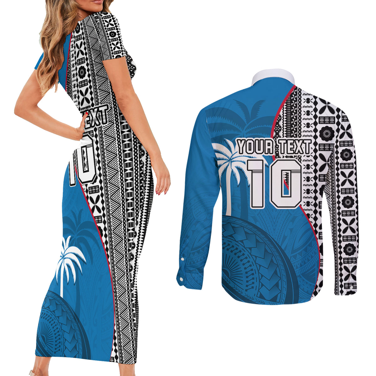 custom-fiji-rugby-couples-matching-short-sleeve-bodycon-dress-and-long-sleeve-button-shirts-coat-of-arms-palm-tree-mix-polynesia-tapa-pattern