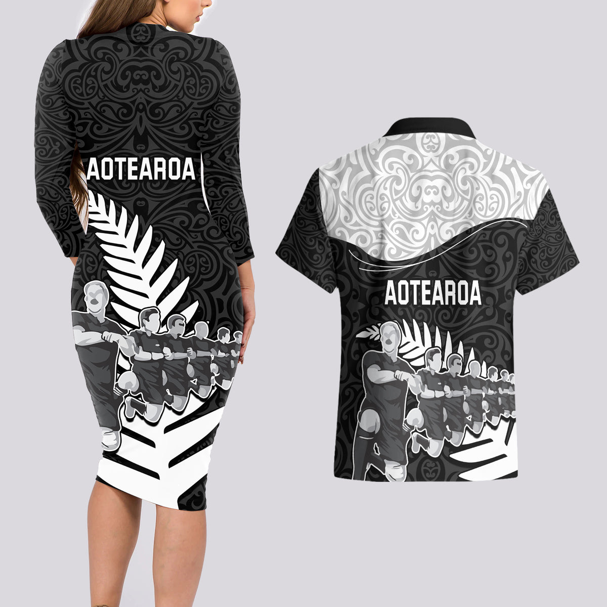 New Zealand World Cup 2023 Couples Matching Long Sleeve Bodycon Dress and Hawaiian Shirt Aotearoa Haka Rugby with Silver Fern Maori Ethnic Pattern LT03 - Polynesian Pride