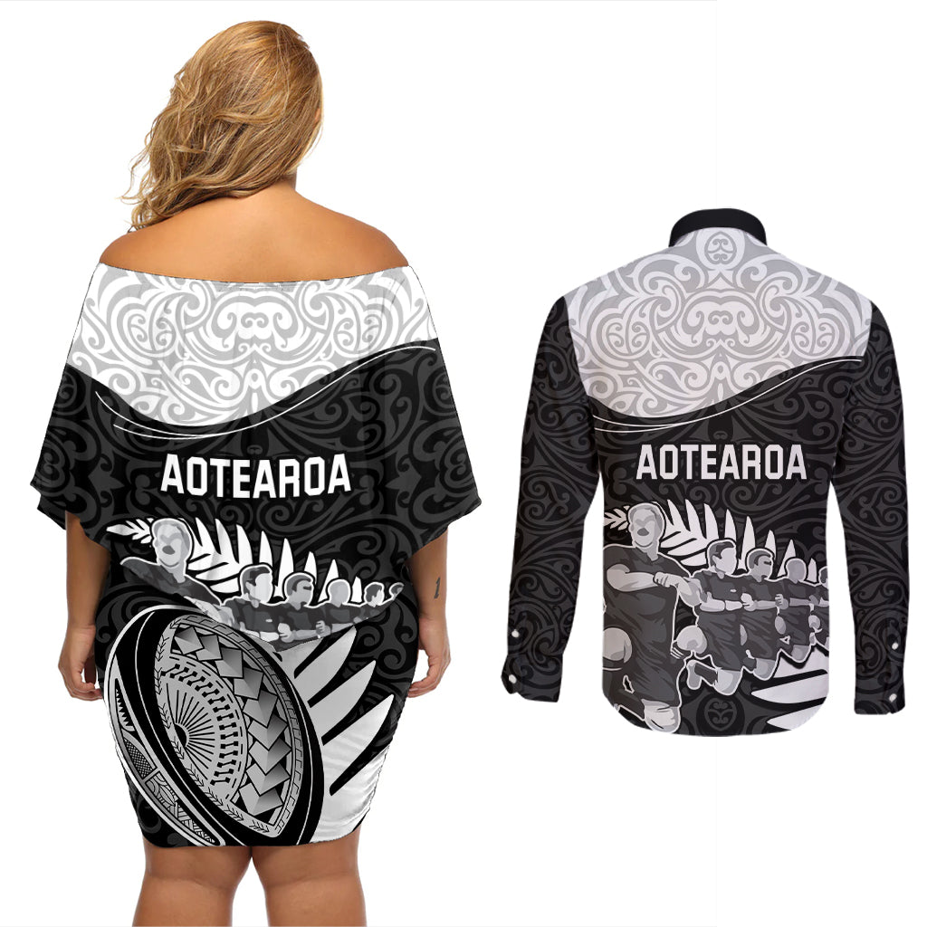 New Zealand World Cup 2023 Couples Matching Off Shoulder Short Dress and Long Sleeve Button Shirt Aotearoa Haka Rugby with Silver Fern Maori Ethnic Pattern LT03 - Polynesian Pride