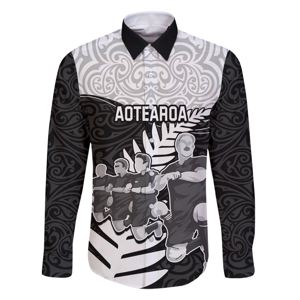 Custom New Zealand World Cup 2023 Family Matching Off Shoulder Short Dress and Hawaiian Shirt Aotearoa Haka Rugby with Silver Fern Maori Ethnic Pattern LT03 Dad's Shirt - Long Sleeve Black - Polynesian Pride