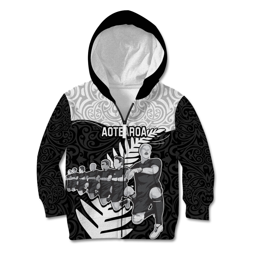 Custom New Zealand World Cup 2023 Kid Hoodie Aotearoa Haka Rugby with Silver Fern Maori Ethnic Pattern LT03 - Polynesian Pride