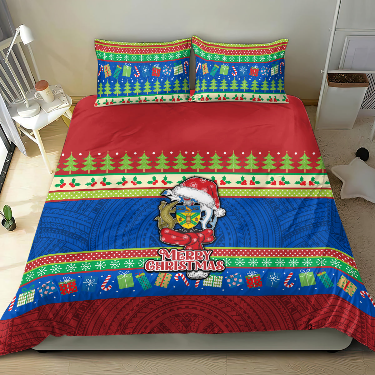 Solomon Islands Christmas Bedding Set Santa With Flag Of Solomon Polynesian Tribal Xmas Vibe LT03 - Polynesian Pride