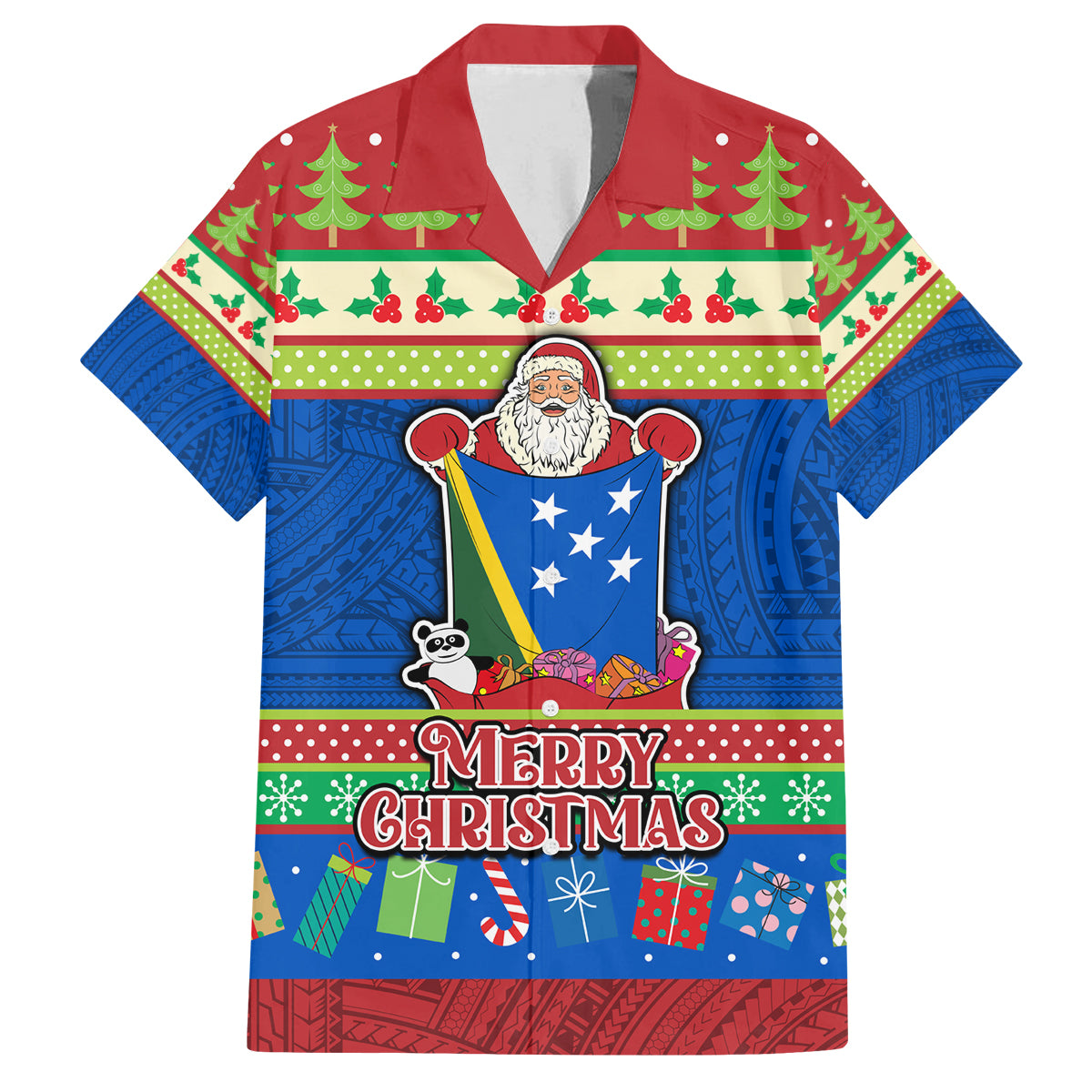 Solomon Islands Christmas Family Matching Tank Maxi Dress and Hawaiian Shirt Santa With Flag Of Solomon Polynesian Tribal Xmas Vibe LT03 Dad's Shirt - Short Sleeve Blue - Polynesian Pride