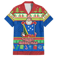 Solomon Islands Christmas Family Matching Tank Maxi Dress and Hawaiian Shirt Santa With Flag Of Solomon Polynesian Tribal Xmas Vibe LT03 Dad's Shirt - Short Sleeve Blue - Polynesian Pride