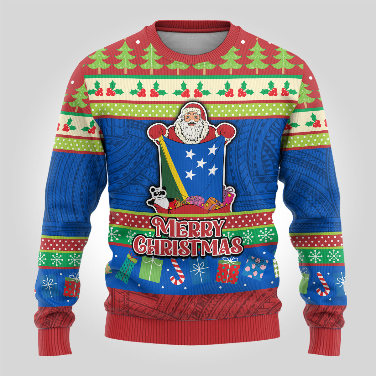Solomon Islands Christmas Ugly Christmas Sweater Santa With Flag Of Solomon Polynesian Tribal Xmas Vibe LT03 - Polynesian Pride