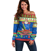 Solomon Islands Christmas Off Shoulder Sweater Santa With Flag Of Solomon Polynesian Tribal Xmas Vibe LT03 Women Blue - Polynesian Pride