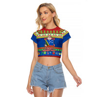 Solomon Islands Christmas Raglan Cropped T Shirt Santa With Flag Of Solomon Polynesian Tribal Xmas Vibe LT03 Female Blue - Polynesian Pride