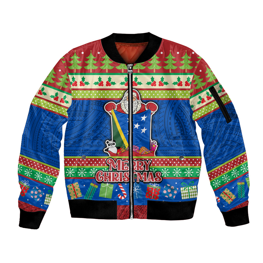 Solomon Islands Christmas Sleeve Zip Bomber Jacket Santa With Flag Of Solomon Polynesian Tribal Xmas Vibe LT03 Unisex Blue - Polynesian Pride