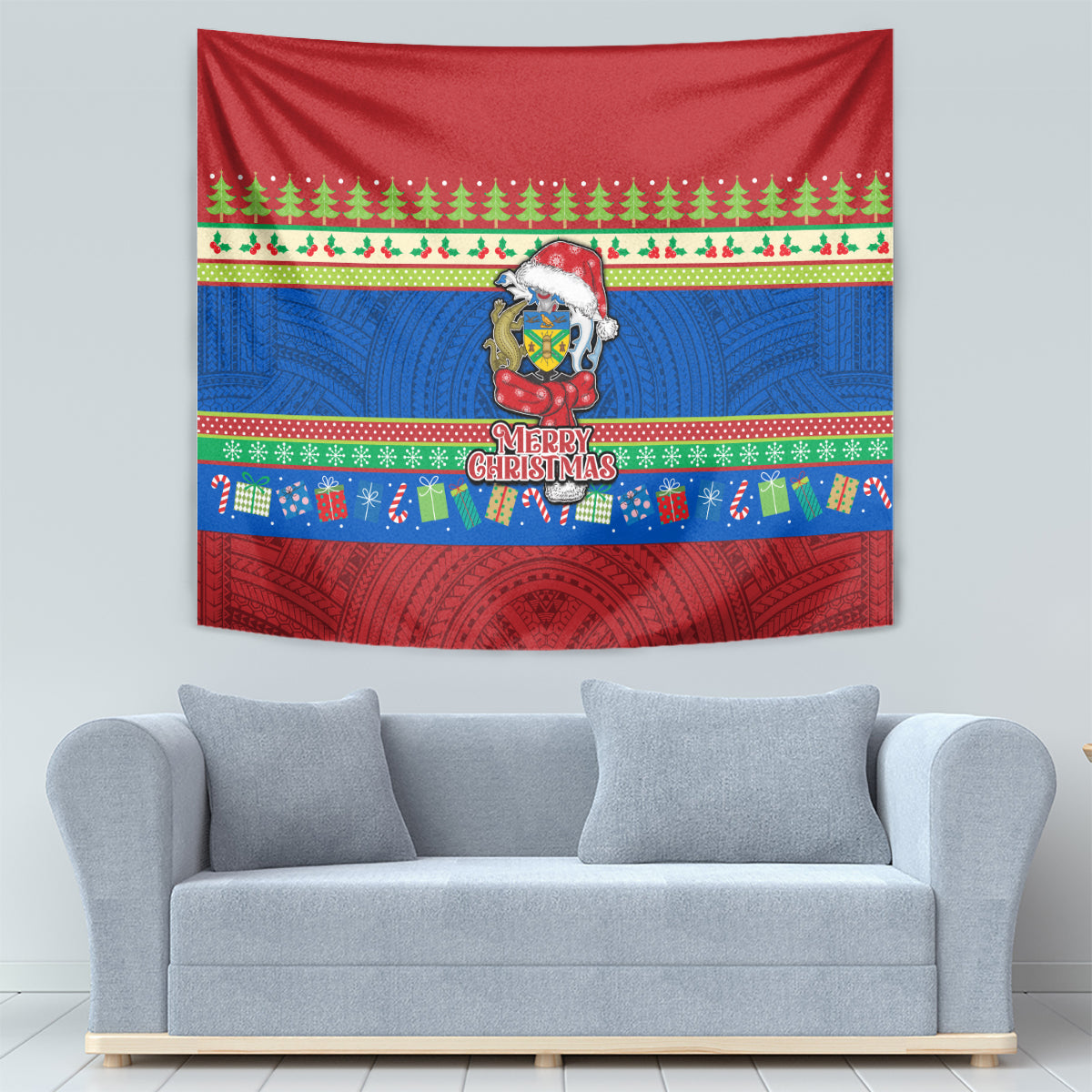 Solomon Islands Christmas Tapestry Santa With Flag Of Solomon Polynesian Tribal Xmas Vibe LT03 - Polynesian Pride