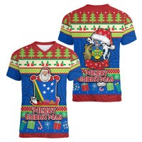 Solomon Islands Christmas Women V Neck T Shirt Santa With Flag Of Solomon Polynesian Tribal Xmas Vibe LT03 - Polynesian Pride