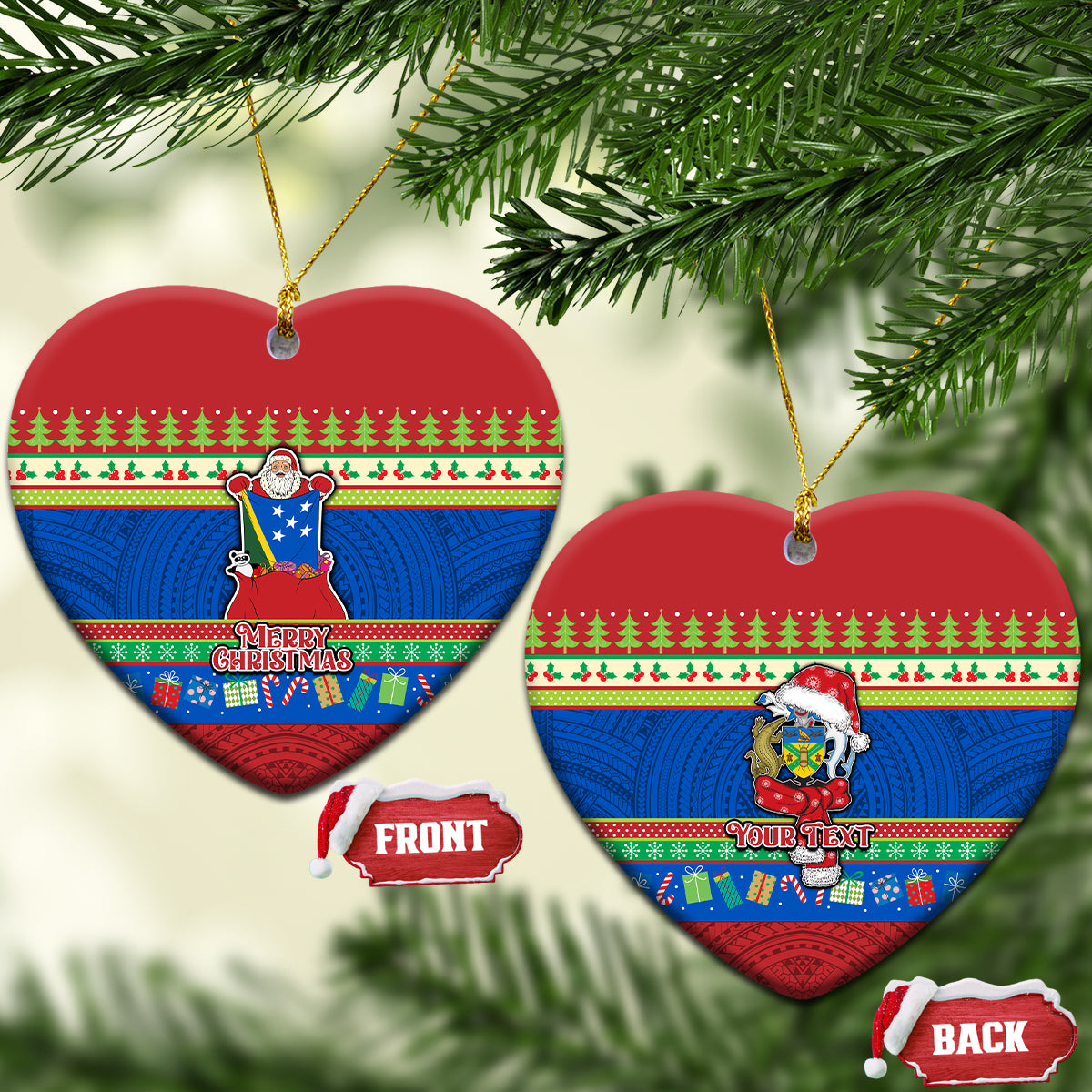 Personalised Solomon Islands Christmas Ceramic Ornament Santa With Flag Of Solomon Polynesian Tribal Xmas Vibe LT03 Heart Blue - Polynesian Pride
