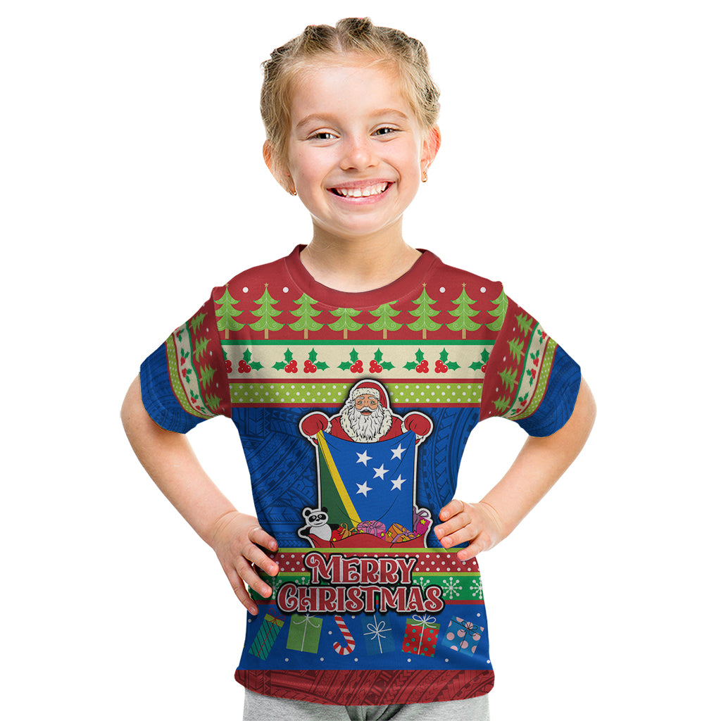 Personalised Solomon Islands Christmas Kid T Shirt Santa With Flag Of Solomon Polynesian Tribal Xmas Vibe LT03 Blue - Polynesian Pride