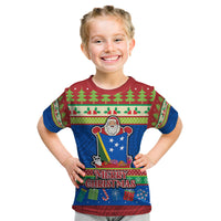 Personalised Solomon Islands Christmas Kid T Shirt Santa With Flag Of Solomon Polynesian Tribal Xmas Vibe LT03 Blue - Polynesian Pride