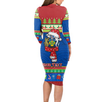Personalised Solomon Islands Christmas Long Sleeve Bodycon Dress Santa With Flag Of Solomon Polynesian Tribal Xmas Vibe LT03 - Polynesian Pride