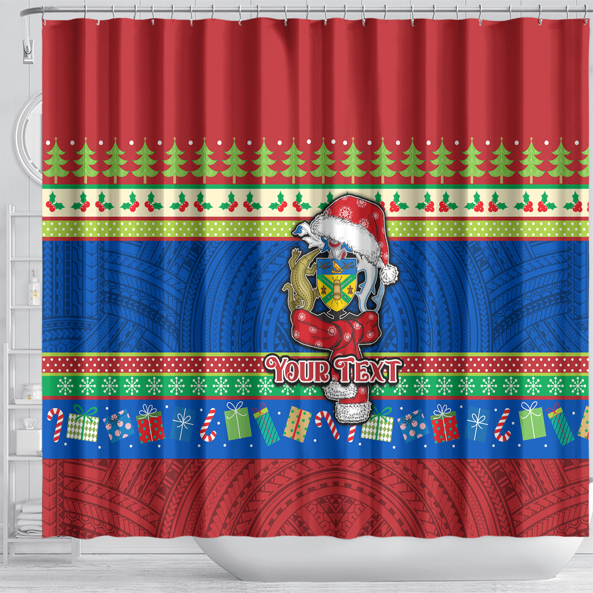 Personalised Solomon Islands Christmas Shower Curtain Santa With Flag Of Solomon Polynesian Tribal Xmas Vibe LT03 - Polynesian Pride