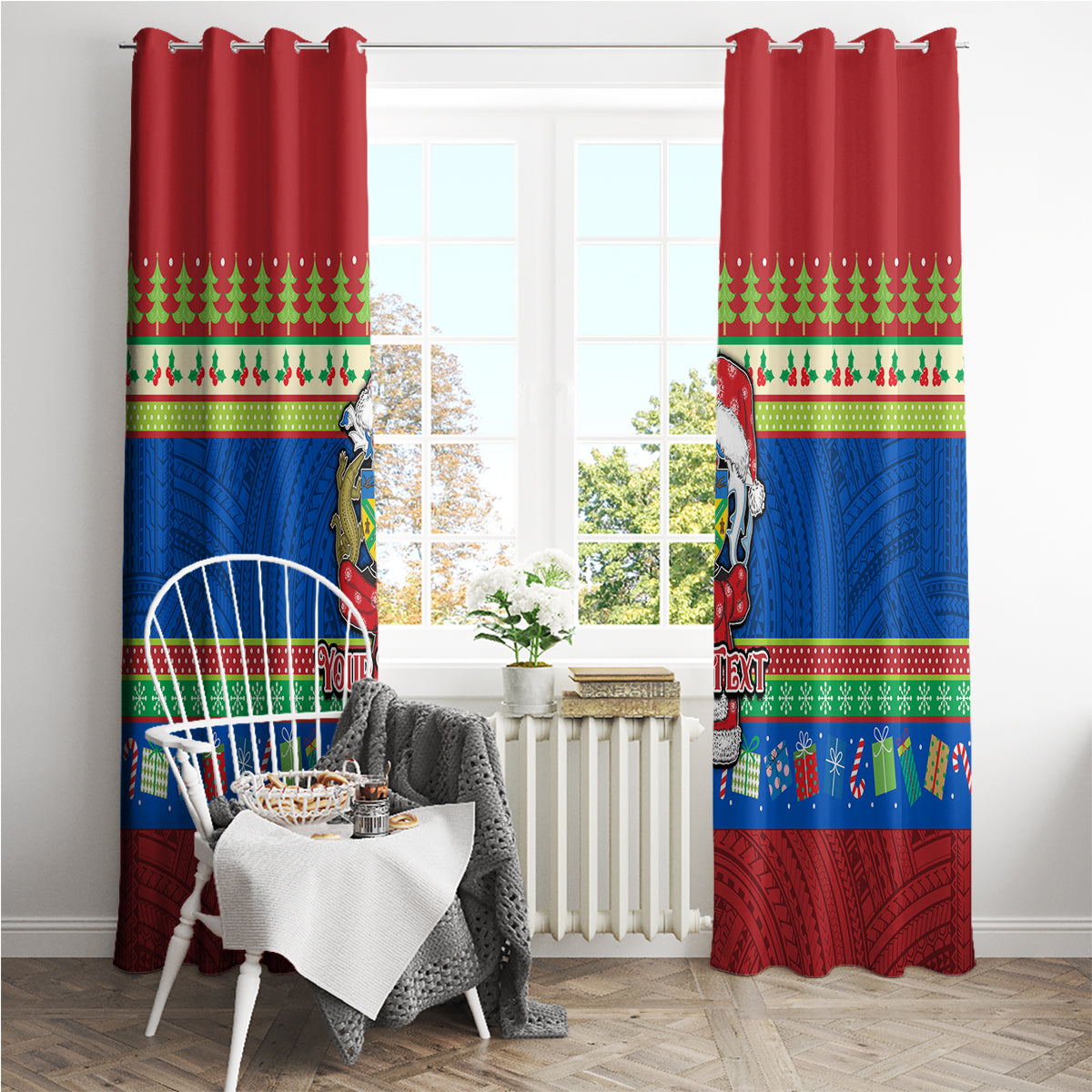Personalised Solomon Islands Christmas Window Curtain Santa With Flag Of Solomon Polynesian Tribal Xmas Vibe LT03 - Polynesian Pride