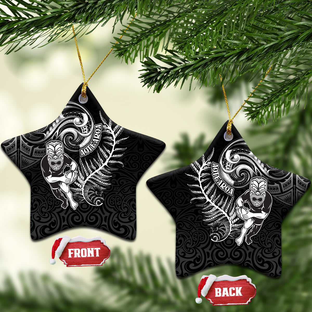 New Zealand Rugby Ceramic Ornament Maori Warrior Rugby with Silver Fern Sleeve Tribal Ethnic Style LT03 Star Black - Polynesian Pride