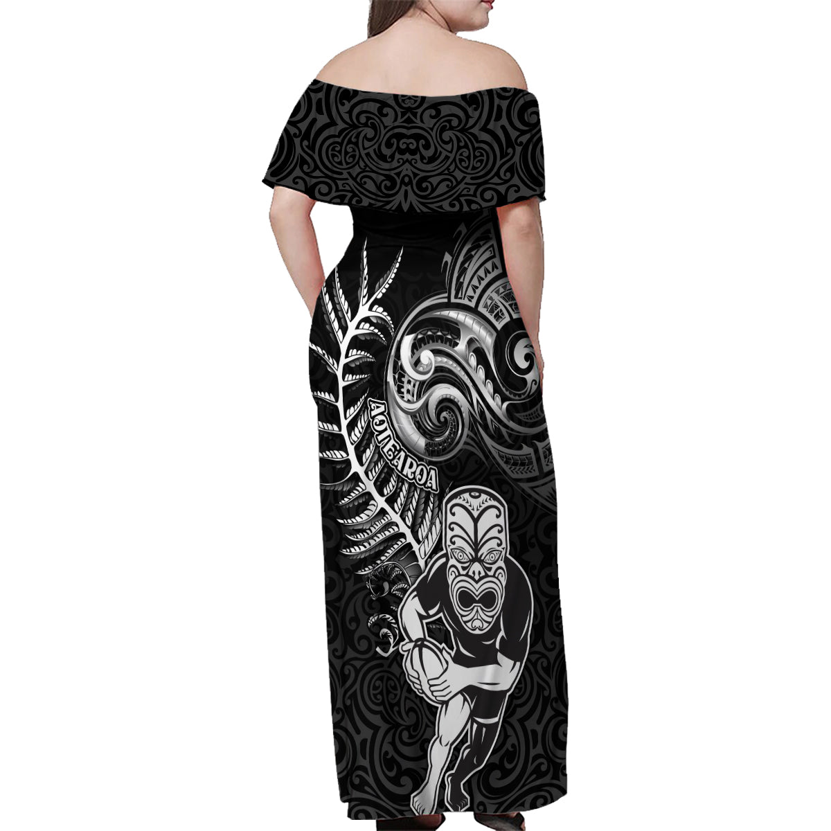 New Zealand Rugby Family Matching Off Shoulder Maxi Dress and Hawaiian Shirt Maori Warrior Rugby with Silver Fern Sleeve Tribal Ethnic Style LT03 - Polynesian Pride