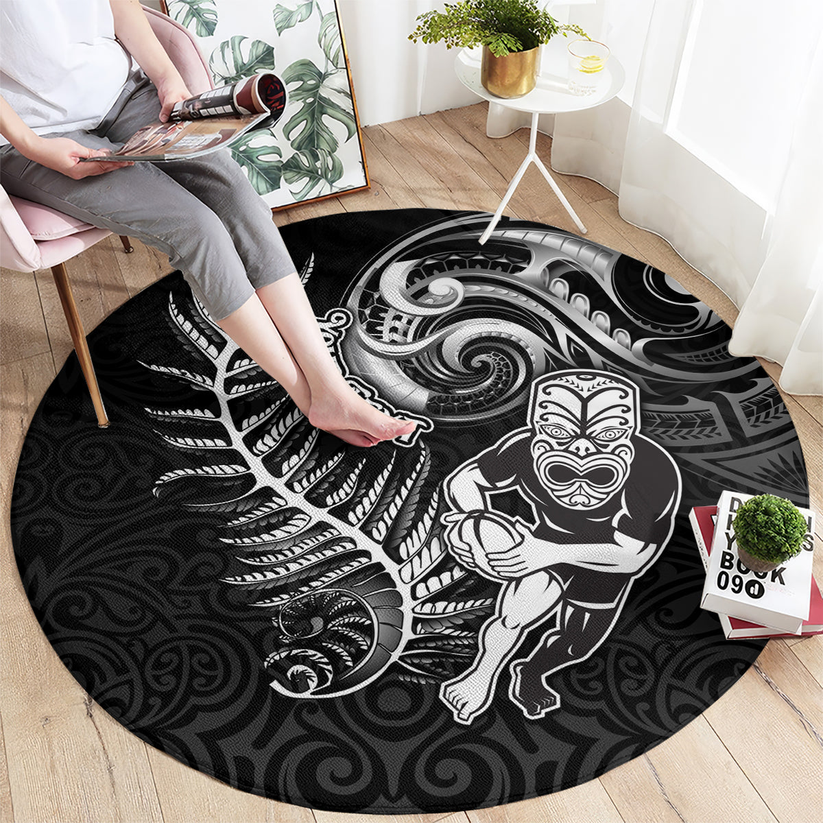 Personalised New Zealand Rugby Round Carpet Maori Warrior Rugby with Silver Fern Sleeve Tribal Ethnic Style LT03 - Polynesian Pride