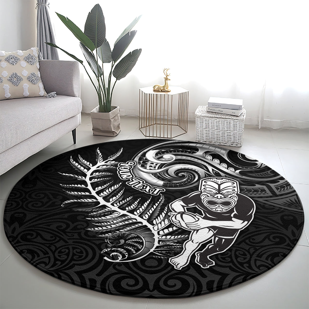 Personalised New Zealand Rugby Round Carpet Maori Warrior Rugby with Silver Fern Sleeve Tribal Ethnic Style LT03 - Polynesian Pride