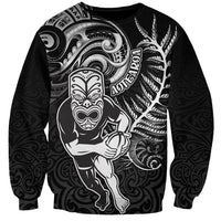 Personalised New Zealand Rugby Sweatshirt Maori Warrior Rugby with Silver Fern Sleeve Tribal Ethnic Style LT03 Unisex Black - Polynesian Pride