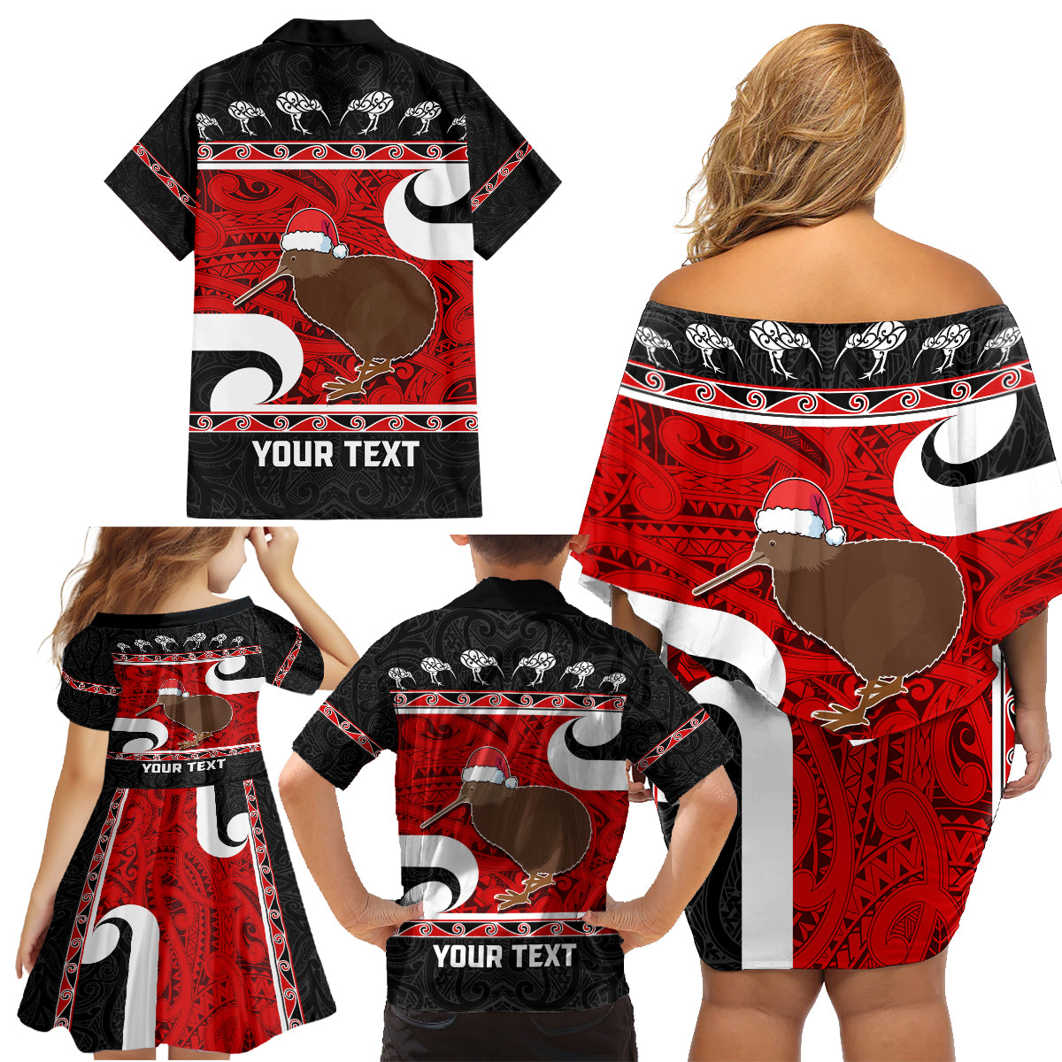 Personalized New Zealand Christmas Family Matching Off Shoulder Short Dress and Hawaiian Shirt Santa Haka Fern and Kiwi Bird Tino Rangatiratanga Maori Flag Style LT03 - Polynesian Pride