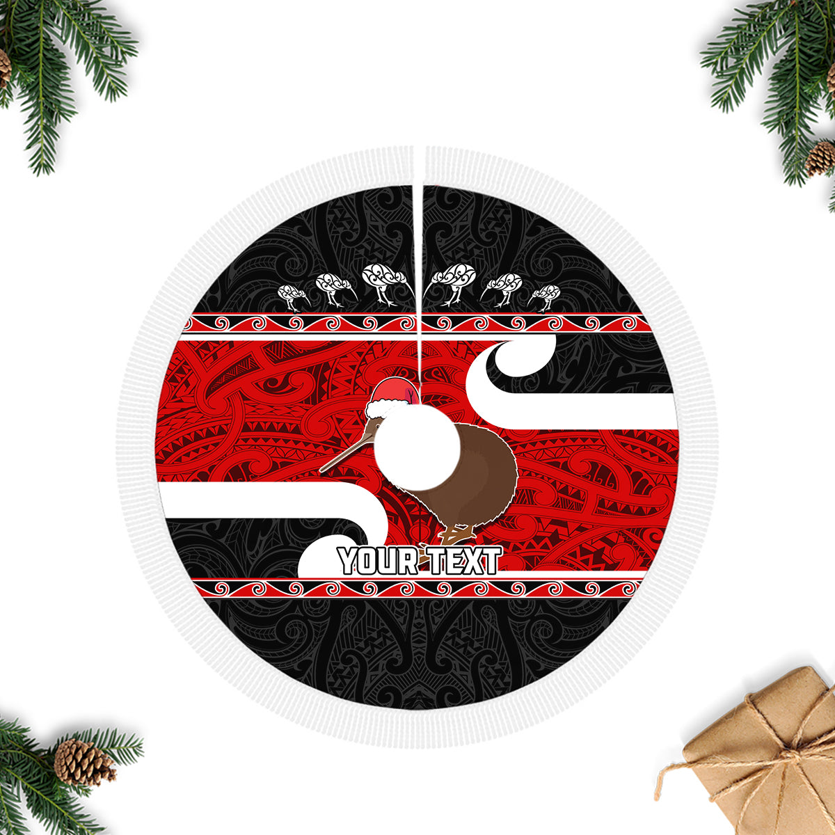 Personalized New Zealand Christmas Tree Skirt Santa Haka Fern and Kiwi Bird Tino Rangatiratanga Maori Flag Style LT03 - Polynesian Pride