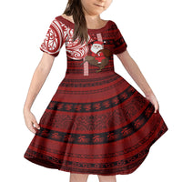 Personalized New Zealand Christmas Family Matching Off Shoulder Long Sleeve Dress and Hawaiian Shirt Santa Claus and Kiwi Bird Maori Tattoo Koru Pattern LT03 Daughter's Dress Red - Polynesian Pride