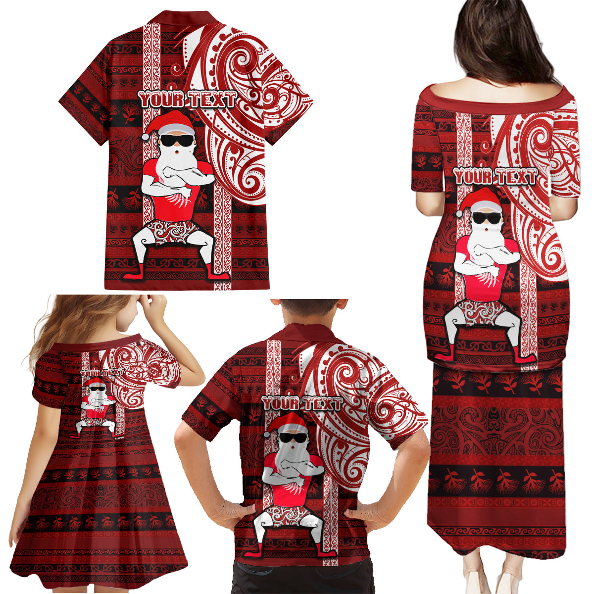 Personalized New Zealand Christmas Family Matching Puletasi Dress and Hawaiian Shirt Santa Claus and Kiwi Bird Maori Tattoo Koru Pattern LT03 - Polynesian Pride