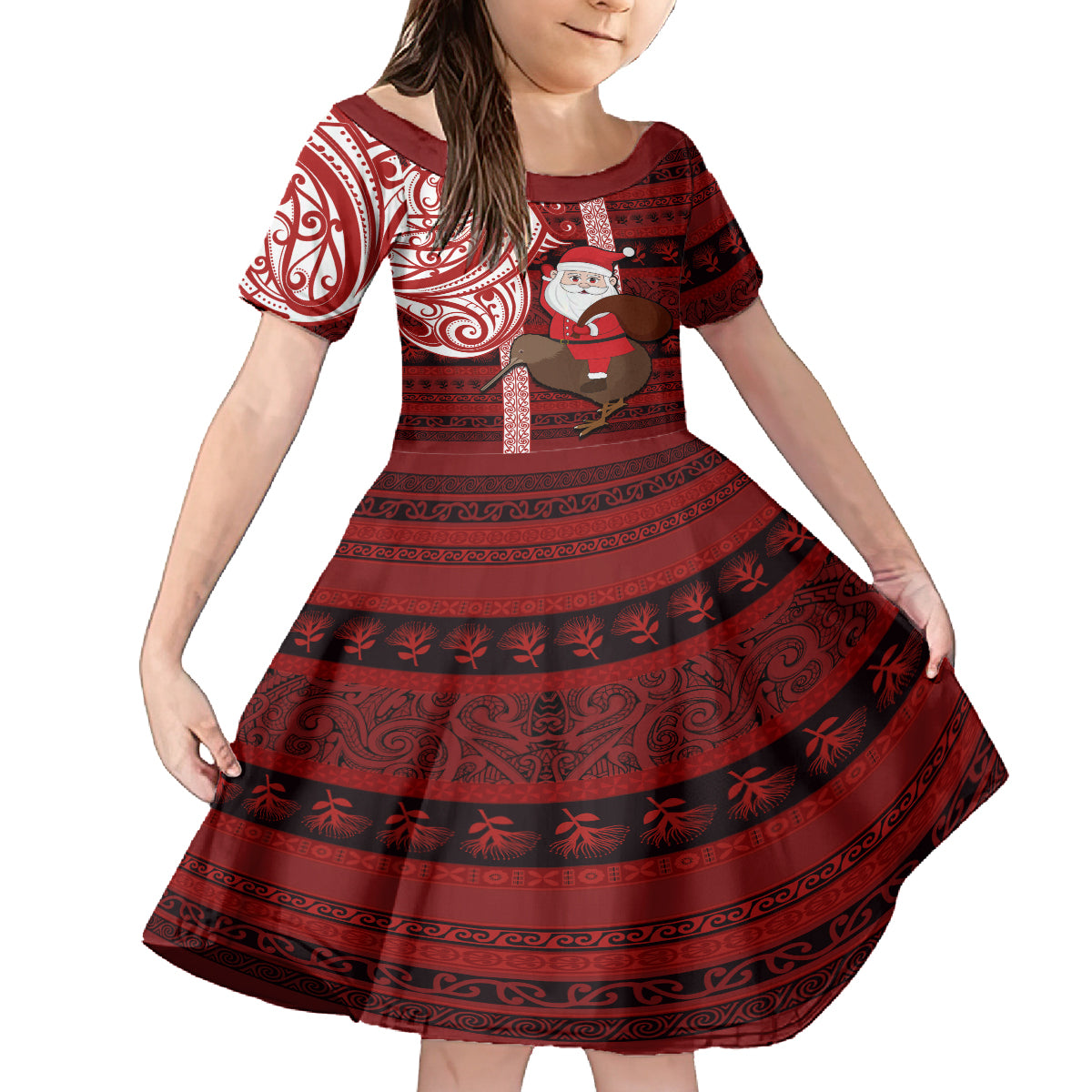Personalized New Zealand Christmas Family Matching Summer Maxi Dress and Hawaiian Shirt Santa Claus and Kiwi Bird Maori Tattoo Koru Pattern LT03 Daughter's Dress Red - Polynesian Pride