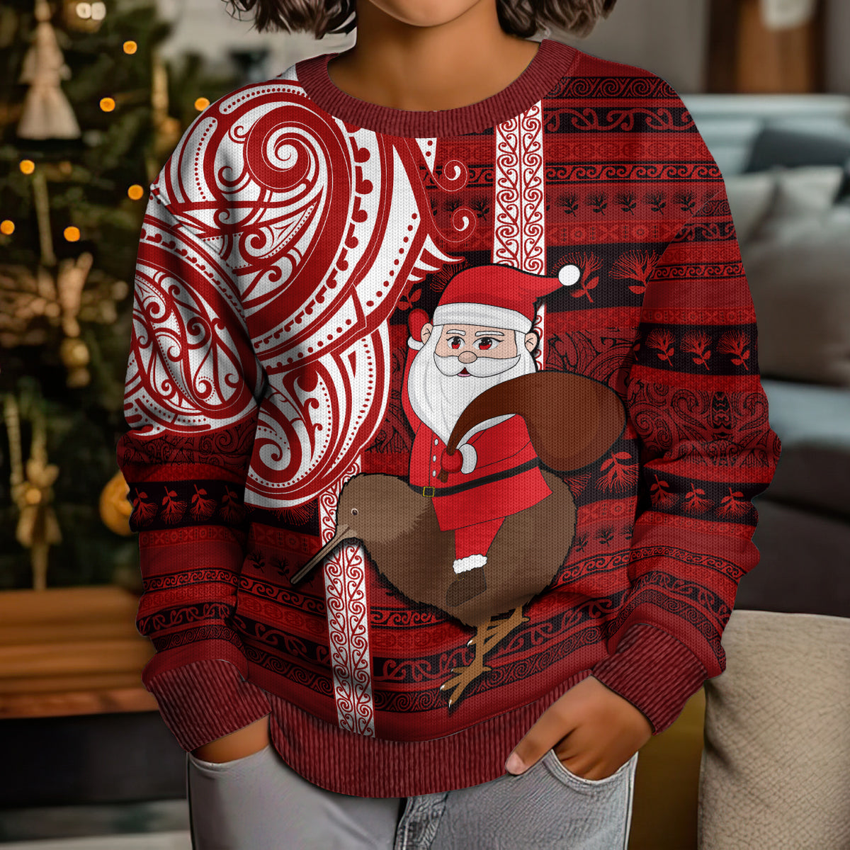 Personalized New Zealand Christmas Kid Ugly Christmas Sweater Santa Claus and Kiwi Bird Maori Tattoo Koru Pattern LT03 - Polynesian Pride