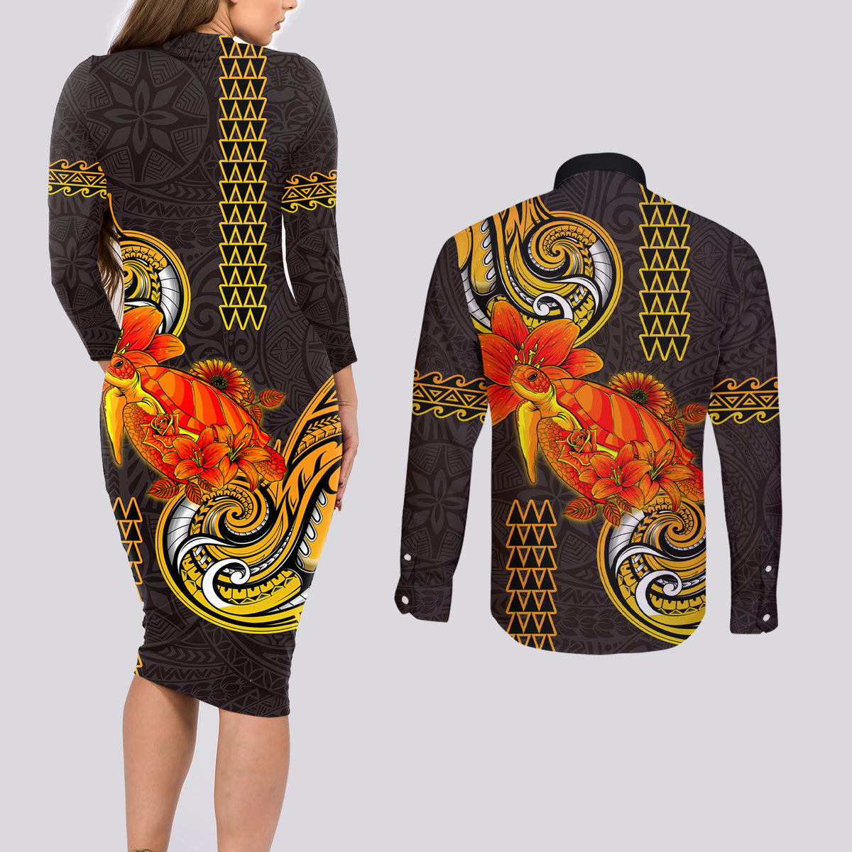 Hawaii Turtle Hibiscus Flower Couples Matching Long Sleeve Bodycon Dress and Long Sleeve Button Shirt Polynesian Tattoo LT03 - Polynesian Pride