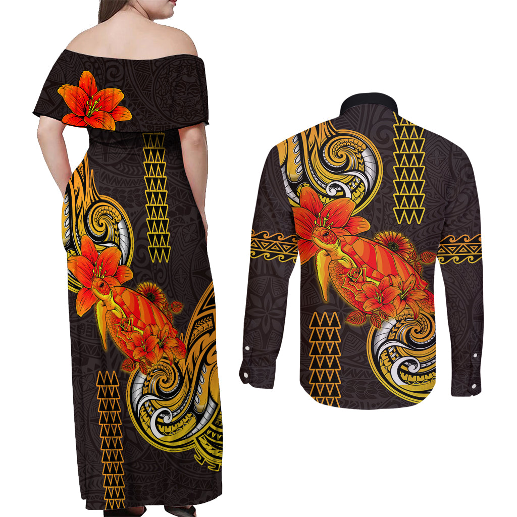 Hawaii Turtle Hibiscus Flower Couples Matching Off Shoulder Maxi Dress and Long Sleeve Button Shirt Polynesian Tattoo LT03 - Polynesian Pride