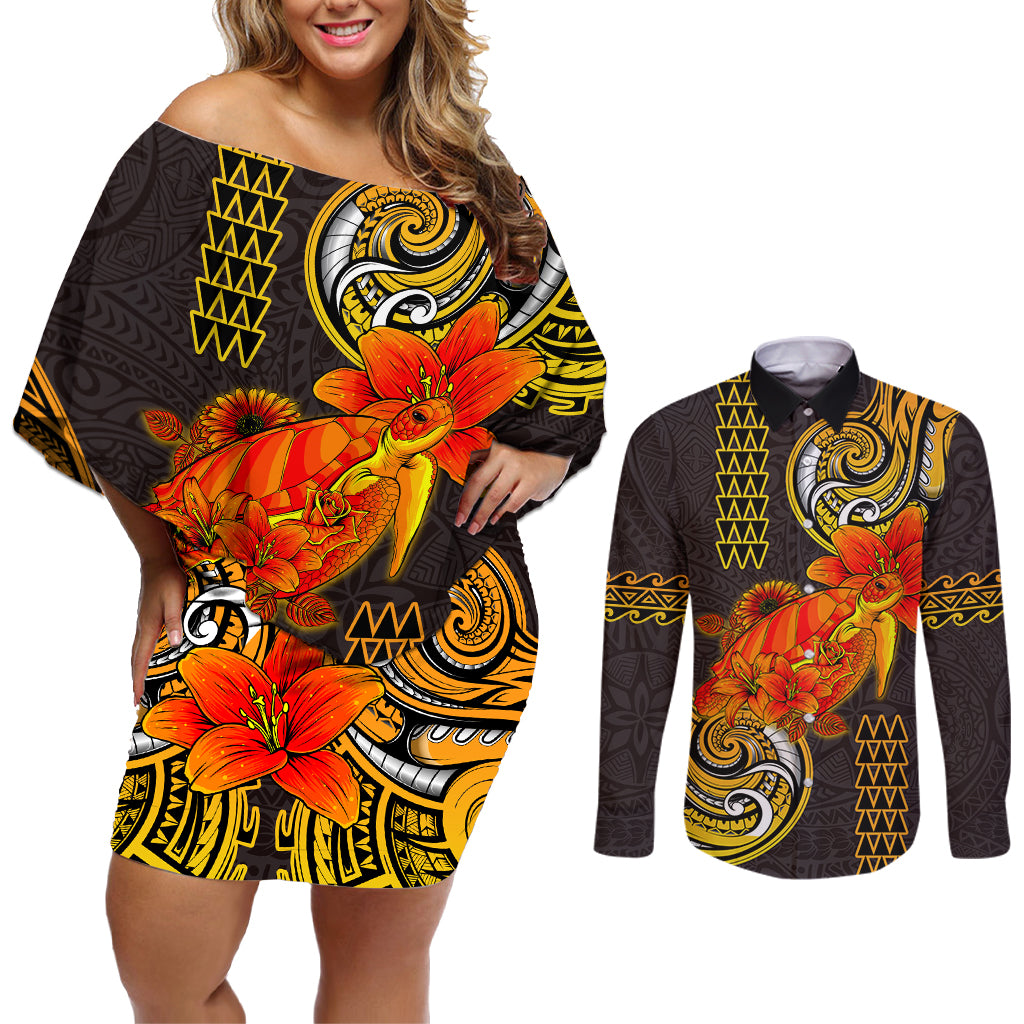 Hawaii Turtle Hibiscus Flower Couples Matching Off Shoulder Short Dress and Long Sleeve Button Shirt Polynesian Tattoo LT03 Black - Polynesian Pride