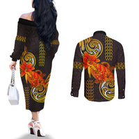 Hawaii Turtle Hibiscus Flower Couples Matching Off The Shoulder Long Sleeve Dress and Long Sleeve Button Shirt Polynesian Tattoo LT03 - Polynesian Pride