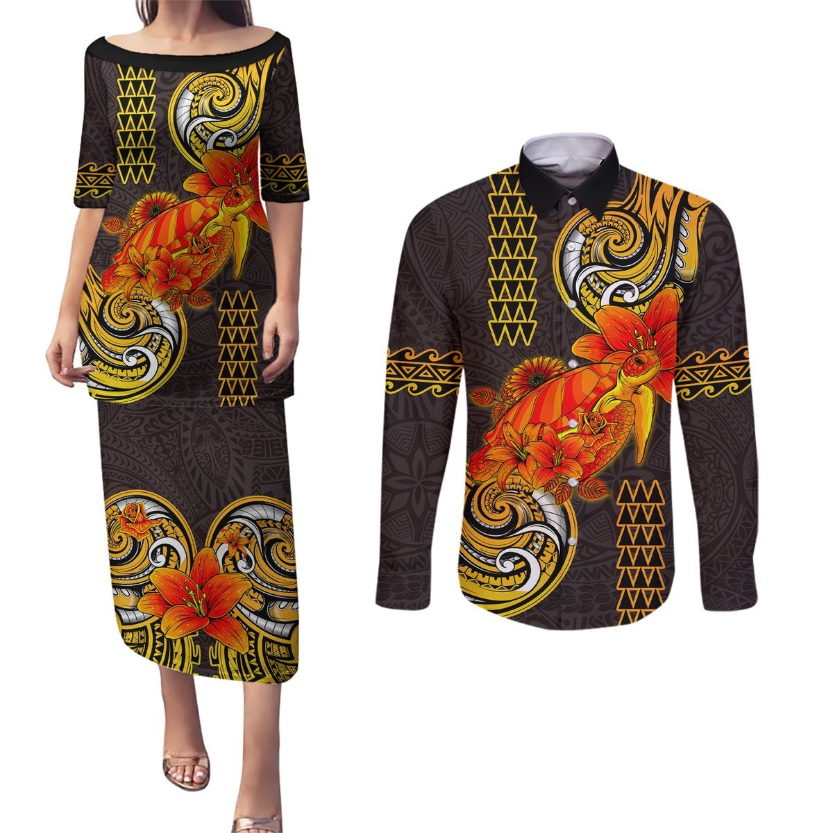 Hawaii Turtle Hibiscus Flower Couples Matching Puletasi and Long Sleeve Button Shirt Polynesian Tattoo LT03 Black - Polynesian Pride