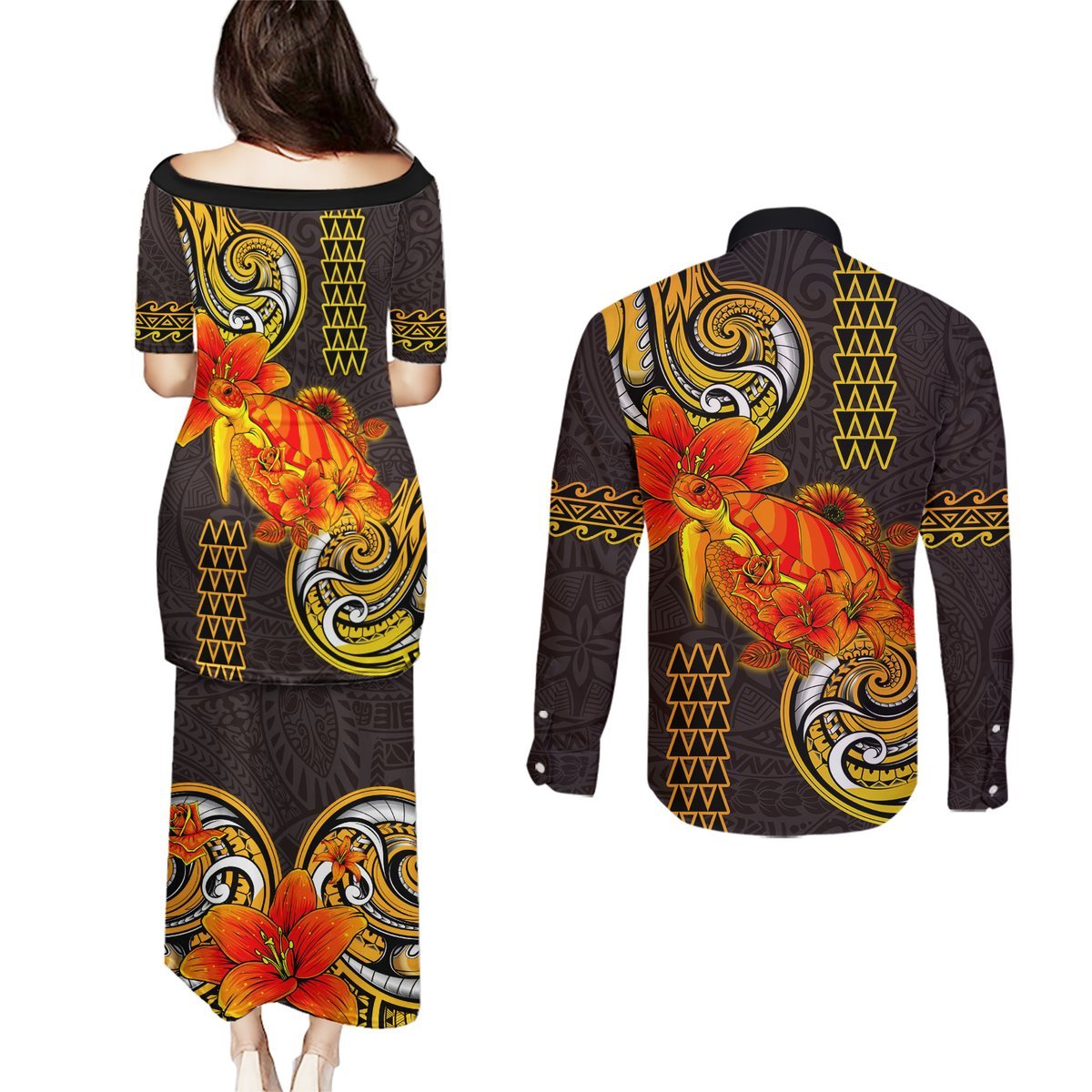 Hawaii Turtle Hibiscus Flower Couples Matching Puletasi and Long Sleeve Button Shirt Polynesian Tattoo LT03 - Polynesian Pride