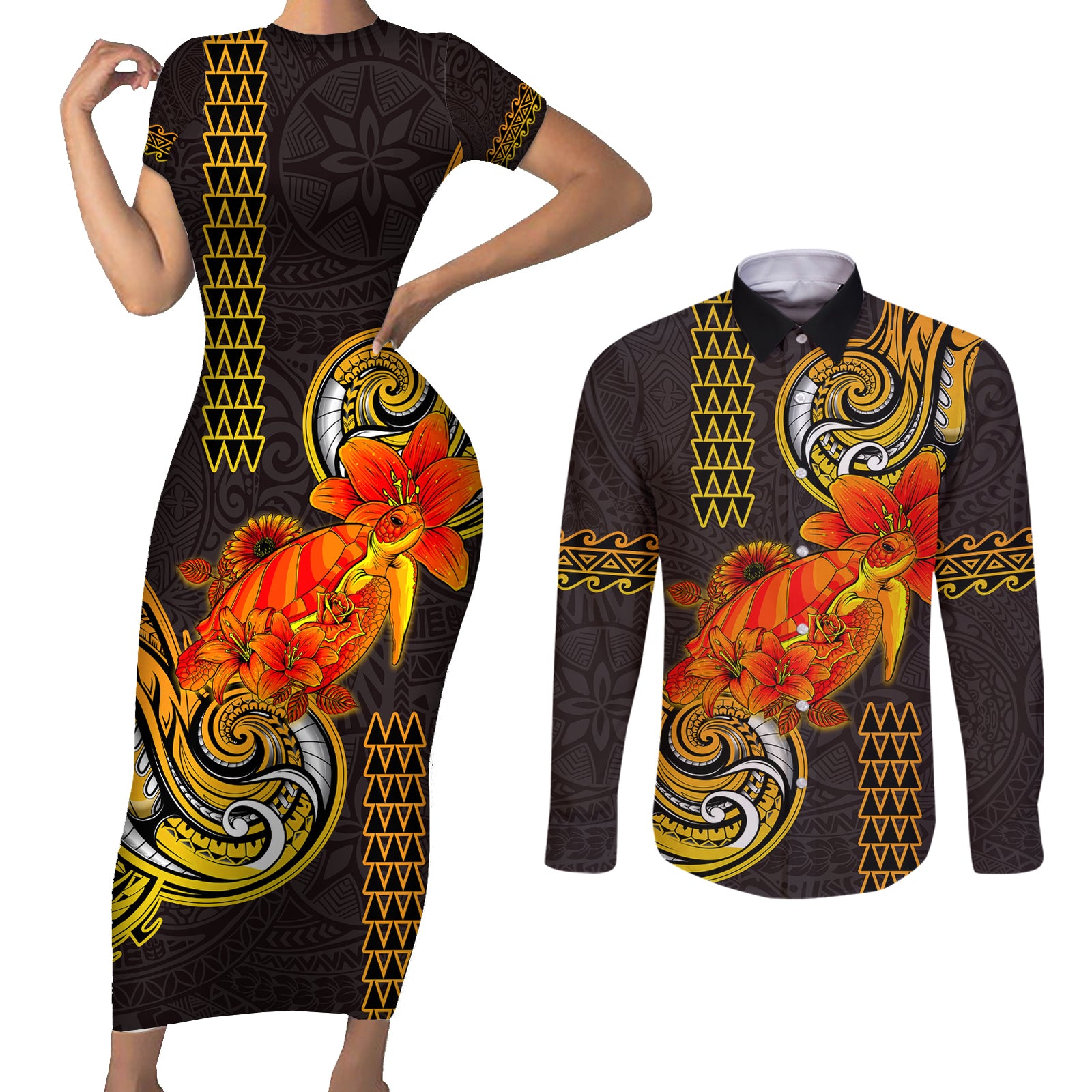 Hawaii Turtle Hibiscus Flower Couples Matching Short Sleeve Bodycon Dress and Long Sleeve Button Shirt Polynesian Tattoo LT03 Black - Polynesian Pride