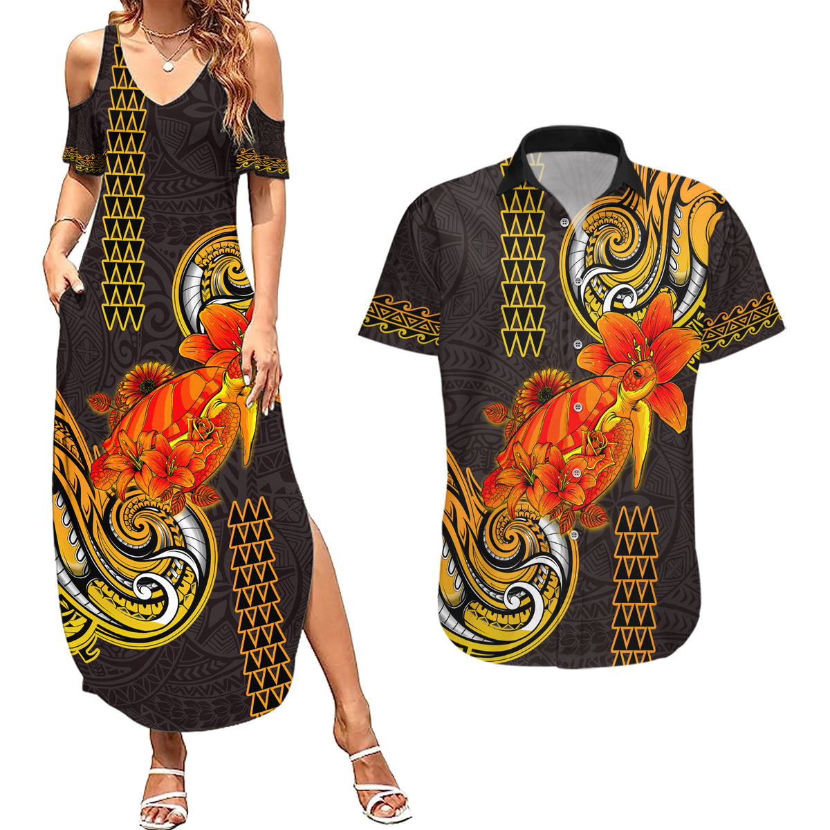 Hawaii Turtle Hibiscus Flower Couples Matching Summer Maxi Dress and Hawaiian Shirt Polynesian Tattoo LT03 Black - Polynesian Pride