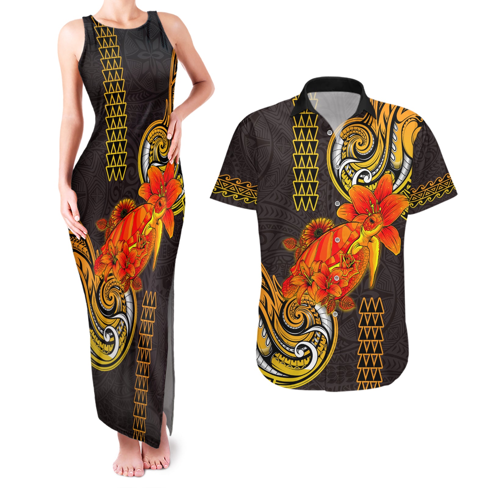Hawaii Turtle Hibiscus Flower Couples Matching Tank Maxi Dress and Hawaiian Shirt Polynesian Tattoo LT03 Black - Polynesian Pride