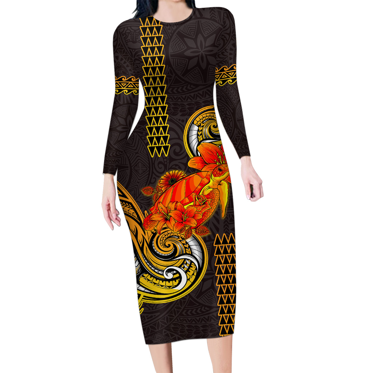 Hawaii Turtle Hibiscus Flower Family Matching Long Sleeve Bodycon Dress and Hawaiian Shirt Polynesian Tattoo LT03 Mom's Dress Black - Polynesian Pride