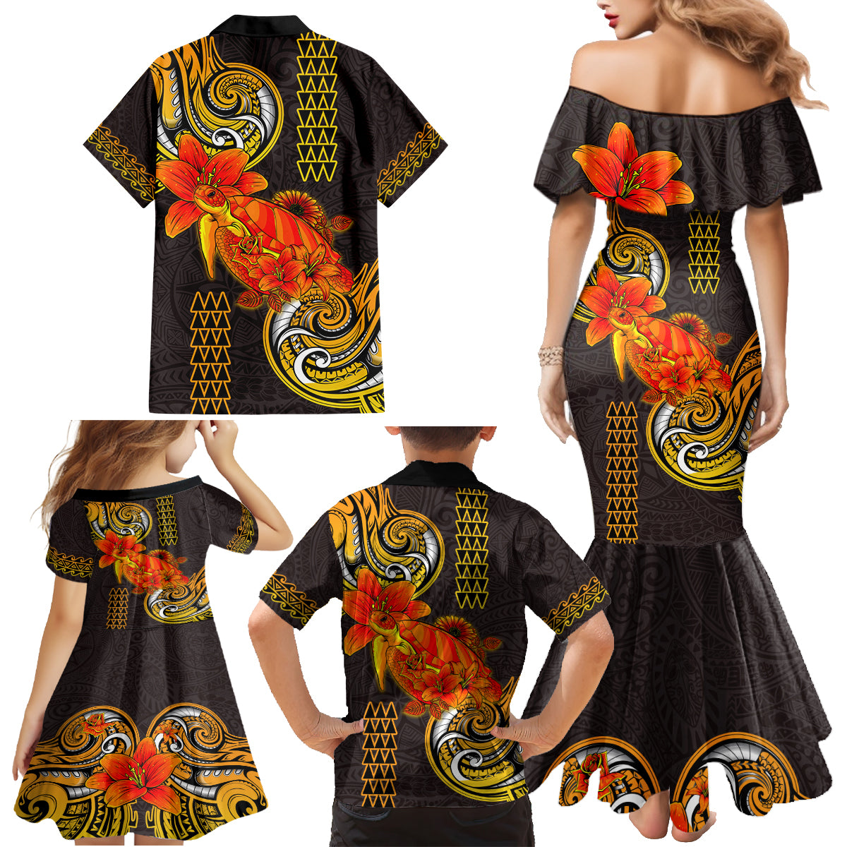 Hawaii Turtle Hibiscus Flower Family Matching Mermaid Dress and Hawaiian Shirt Polynesian Tattoo LT03 - Polynesian Pride