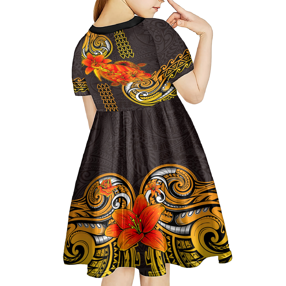 Hawaii Turtle Hibiscus Flower Kid Short Sleeve Dress Polynesian Tattoo LT03 - Polynesian Pride
