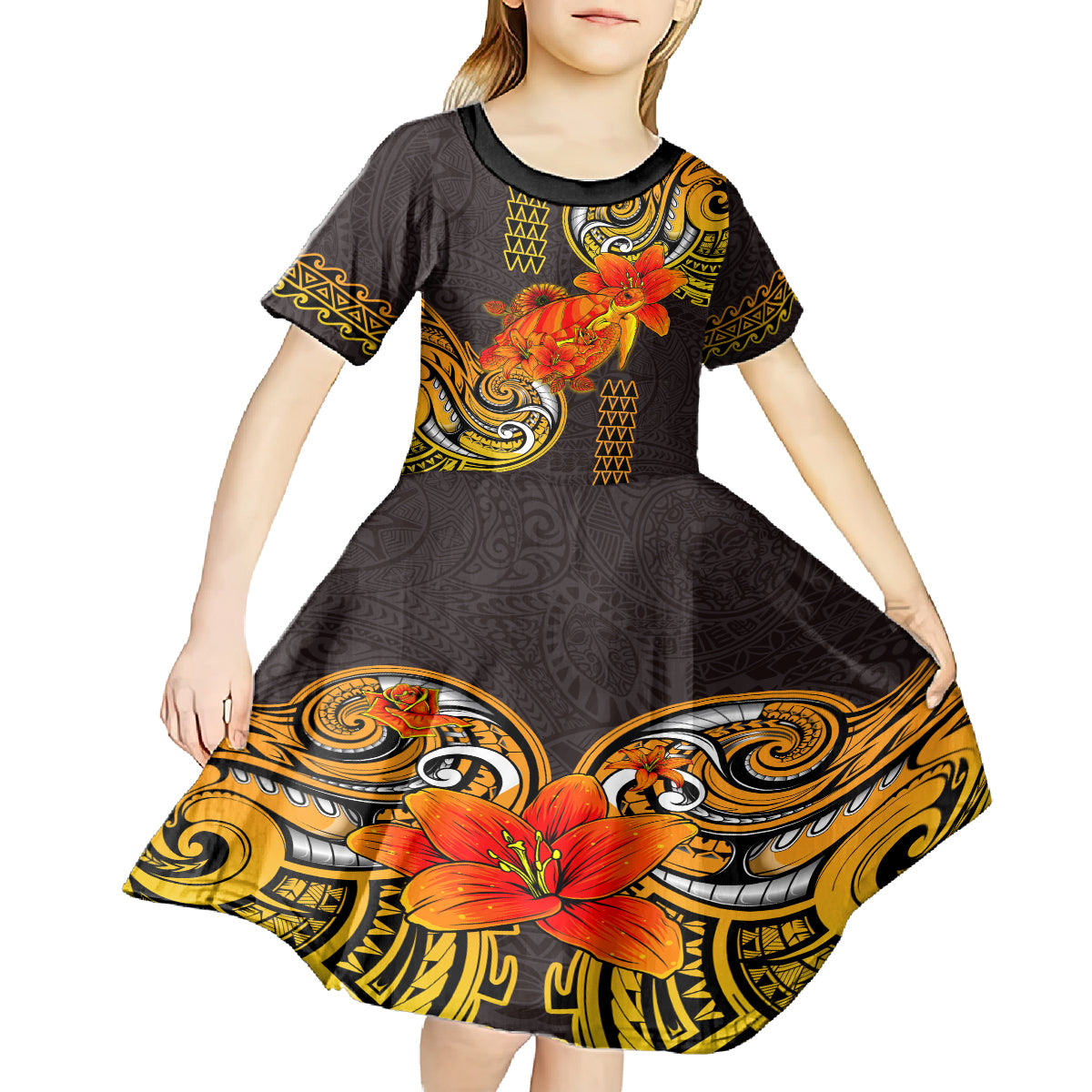 Hawaii Turtle Hibiscus Flower Kid Short Sleeve Dress Polynesian Tattoo LT03 - Polynesian Pride