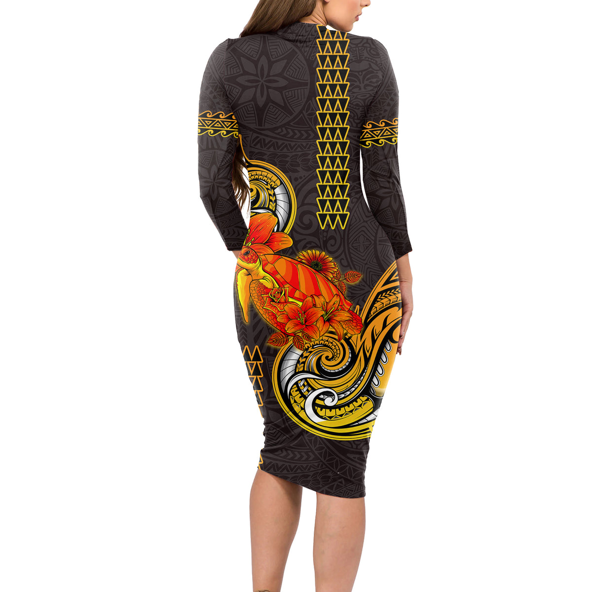 Hawaii Turtle Hibiscus Flower Long Sleeve Bodycon Dress Polynesian Tattoo LT03 - Polynesian Pride