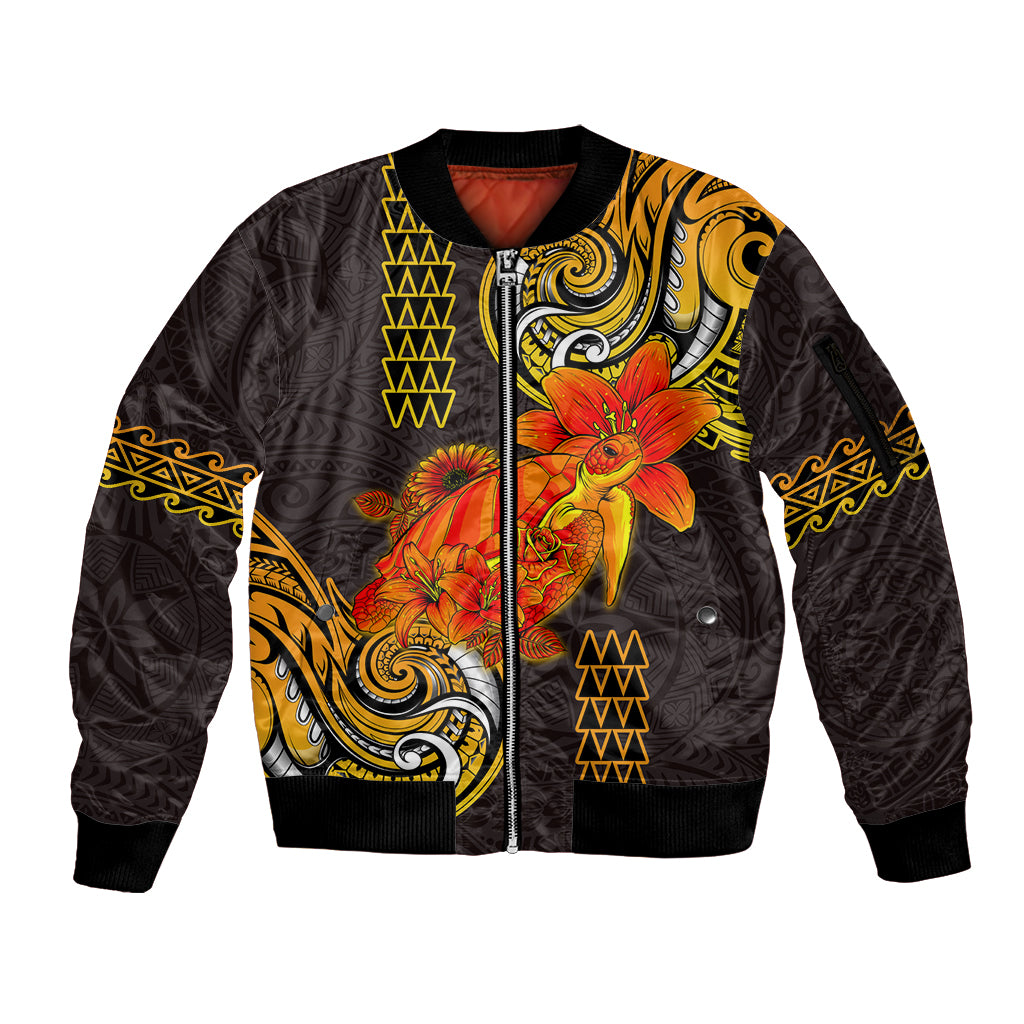Hawaii Turtle Hibiscus Flower Sleeve Zip Bomber Jacket Polynesian Tattoo LT03 Unisex Black - Polynesian Pride