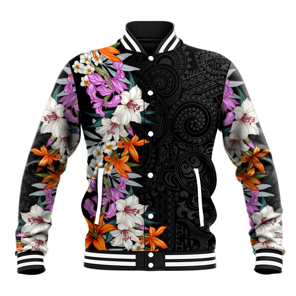 Hawaii Tropical Leaves and Flowers Baseball Jacket Tribal Polynesian Pattern LT03 Unisex Black - Polynesian Pride