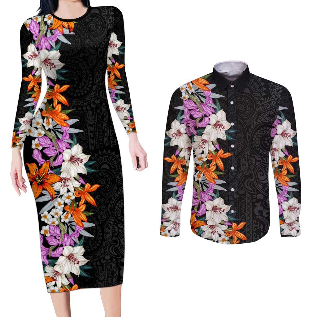 Hawaii Tropical Leaves and Flowers Couples Matching Long Sleeve Bodycon Dress and Long Sleeve Button Shirt Tribal Polynesian Pattern LT03