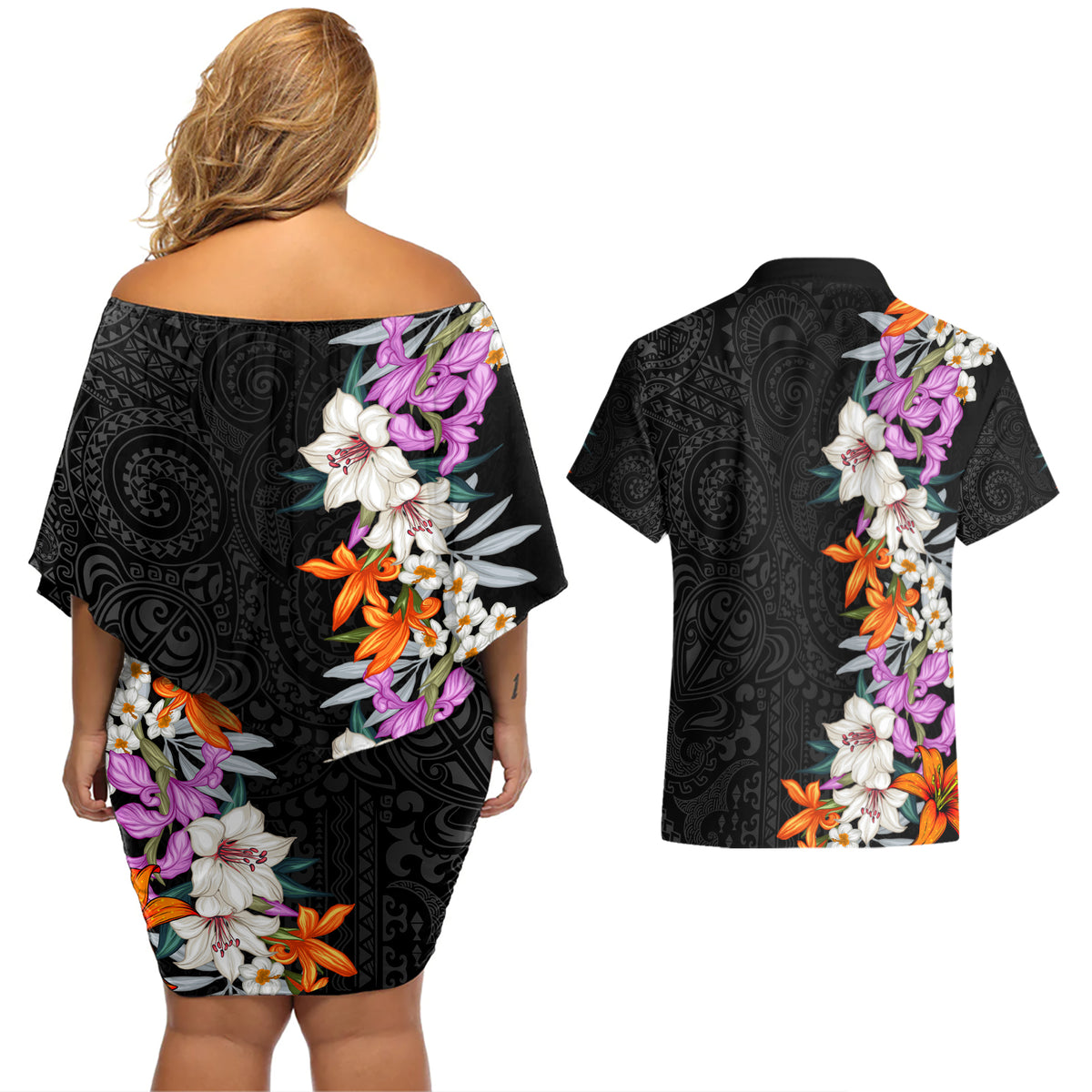 Hawaii Tropical Leaves and Flowers Couples Matching Off Shoulder Short Dress and Hawaiian Shirt Tribal Polynesian Pattern LT03 - Polynesian Pride