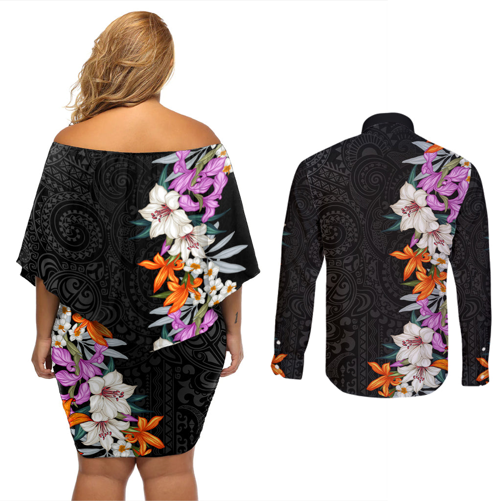 Hawaii Tropical Leaves and Flowers Couples Matching Off Shoulder Short Dress and Long Sleeve Button Shirt Tribal Polynesian Pattern LT03 - Polynesian Pride